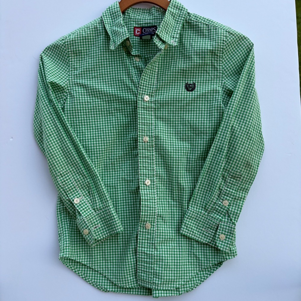 Chaps Boys Green Gingham Check Long Sleeve Button Down Shirt Size 7